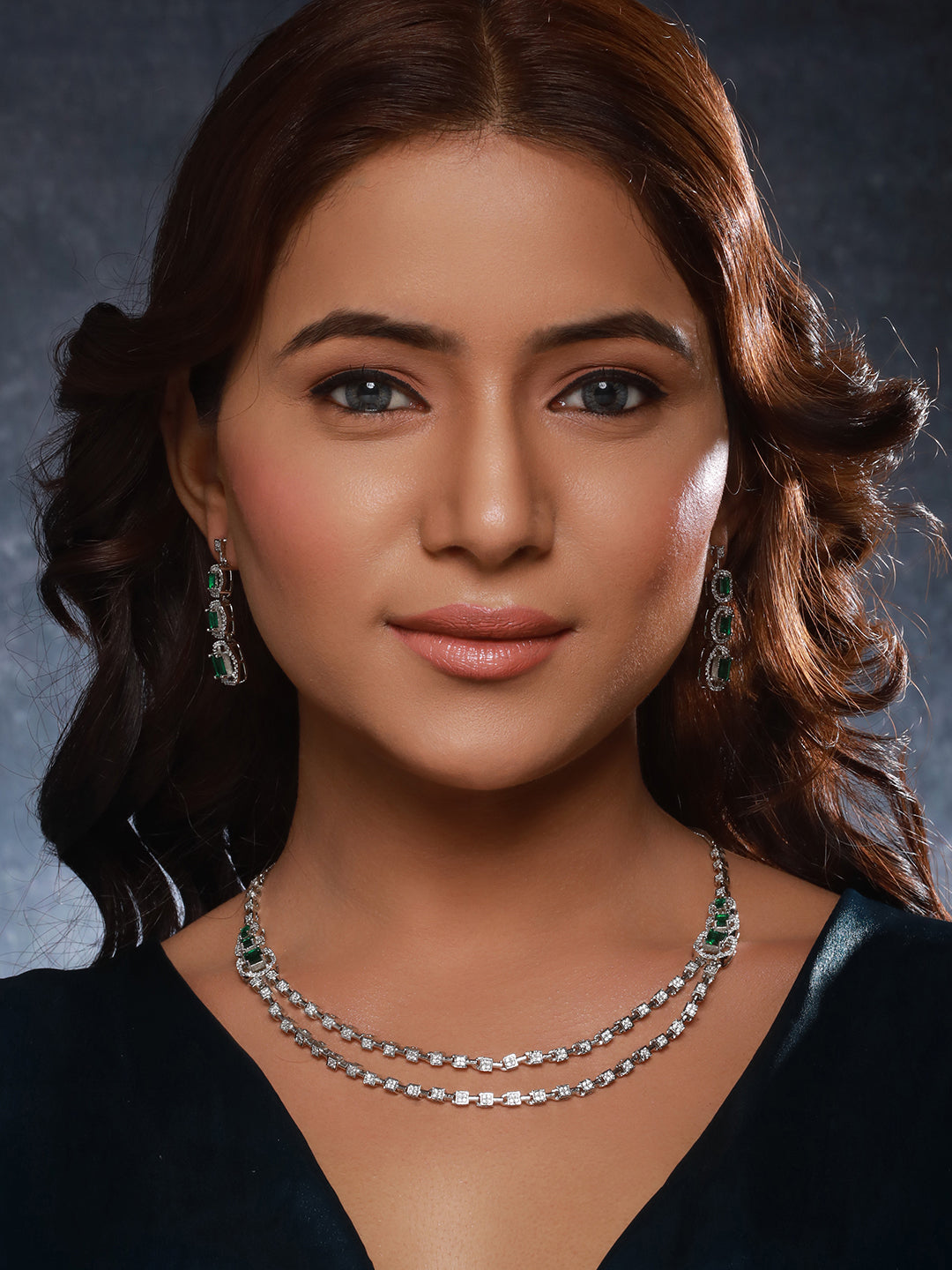 Silver Plated  Green Zircon Studded Double 2 Lined Bridal Luxe  Jewellery set